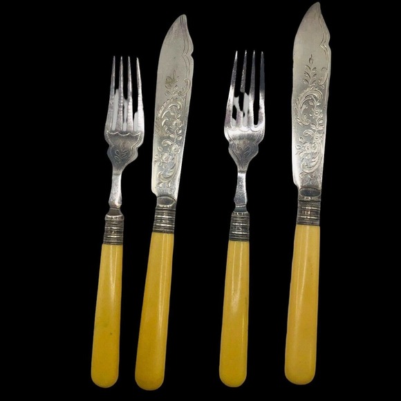 FB Rogers FISH Fork Knife SET English Silverplate Celluloid Handles EPNS - Picture 2 of 8